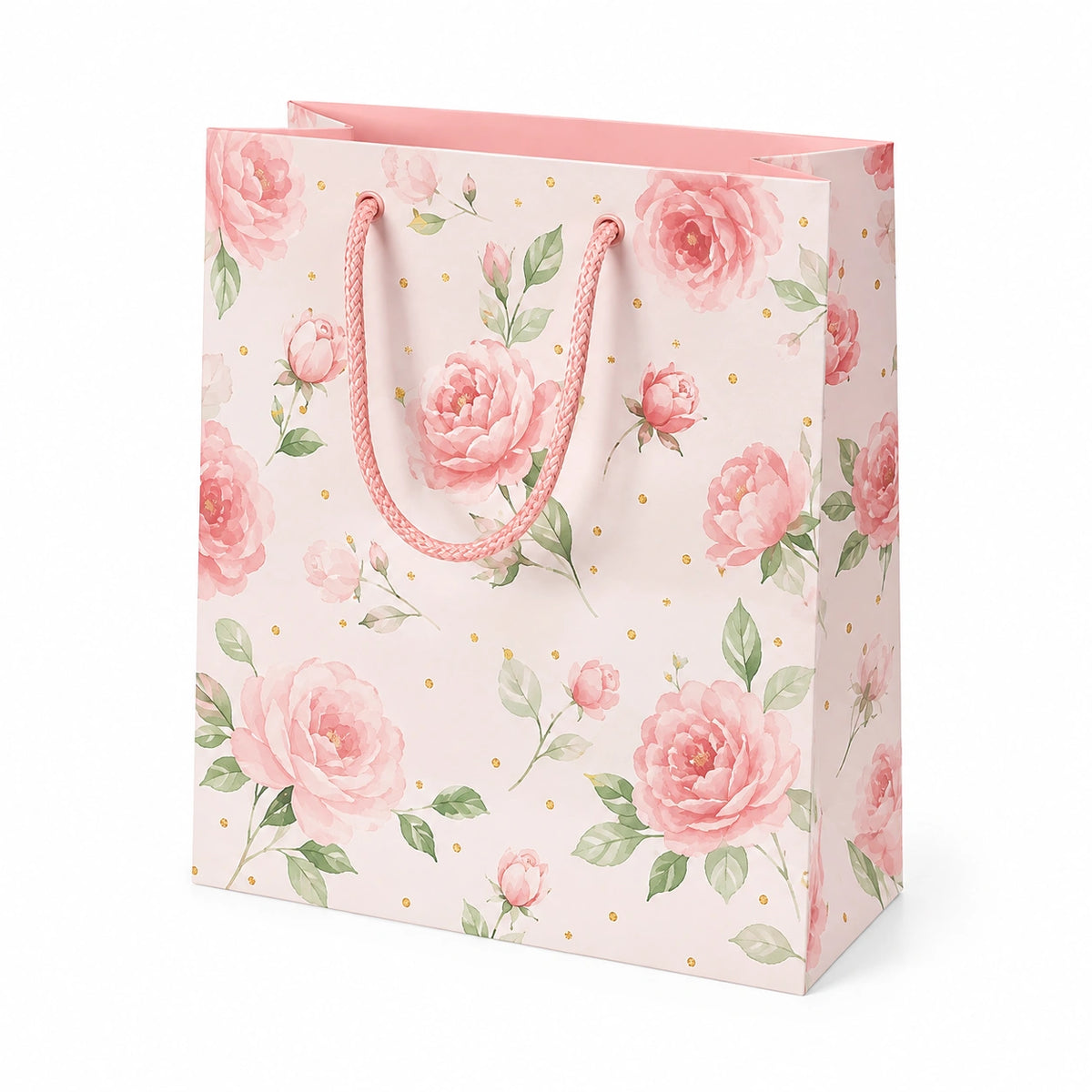 Sacchetto regalo 26 x 12 x 32 cm in carta rosa con manici intrecciati - floreale