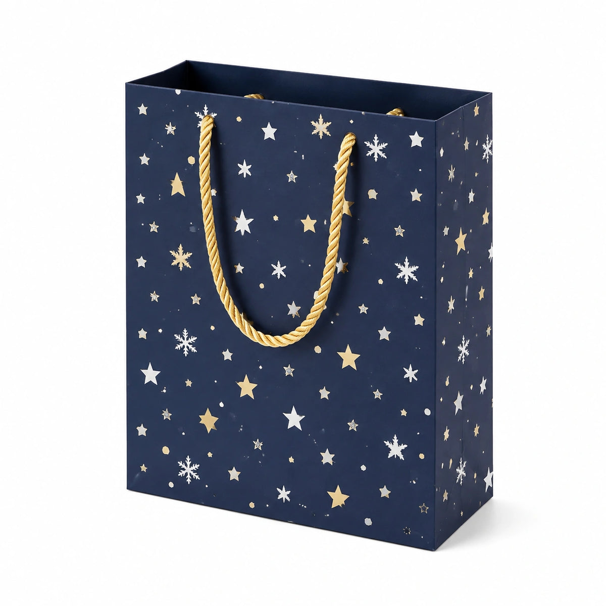 Borsa regalo 26 x 12 x 32 cm in carta blu con manici in corda stile natalizio