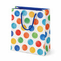 Sacchetto regalo 26 x 12 x 32 cm in carta bianca con pois colorati e manici in corda