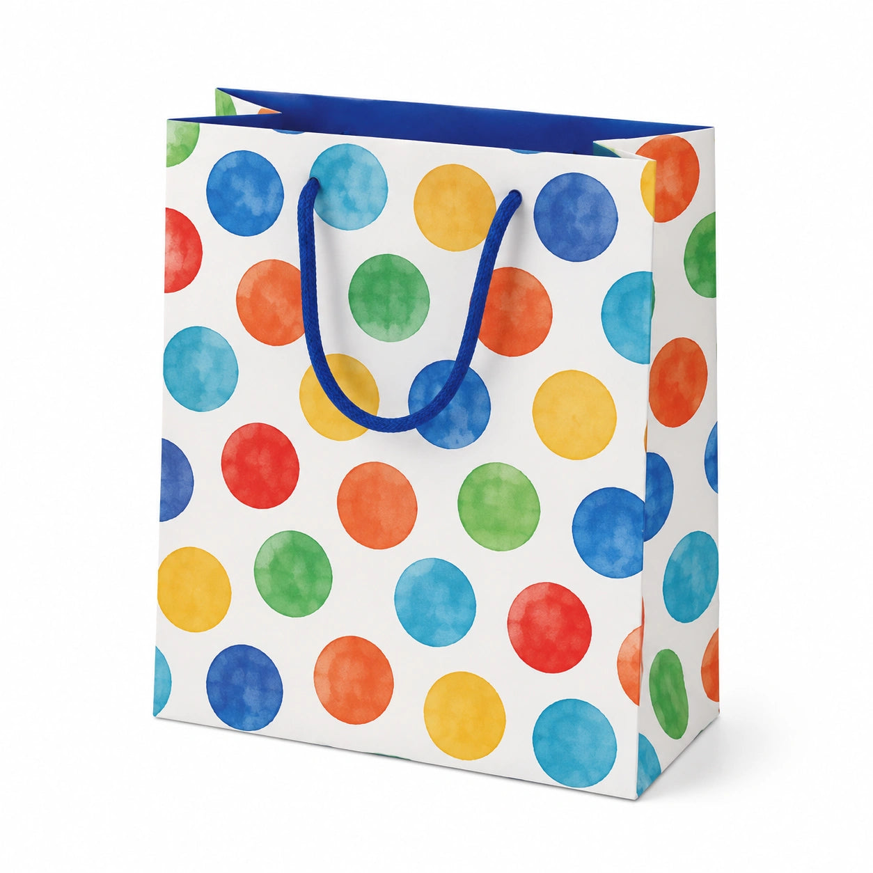 Sacchetto regalo 26 x 12 x 32 cm in carta bianca con pois colorati e manici in corda