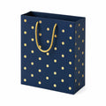Borsa regalo 32 x 12 x 26 cm in carta blu con pois dorati e manici in corda