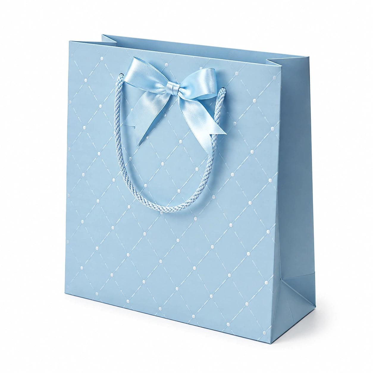 Borsa regalo 32 x 12 x 26 cm in carta azzurro con manici intrecciati e fiocco decorativo