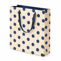 Sacchetto regalo 26 x 12 x 32 cm in carta beige e blu a pois con manici in nastro