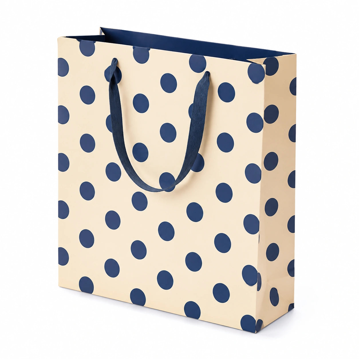 Sacchetto regalo 26 x 12 x 32 cm in carta beige e blu a pois con manici in nastro