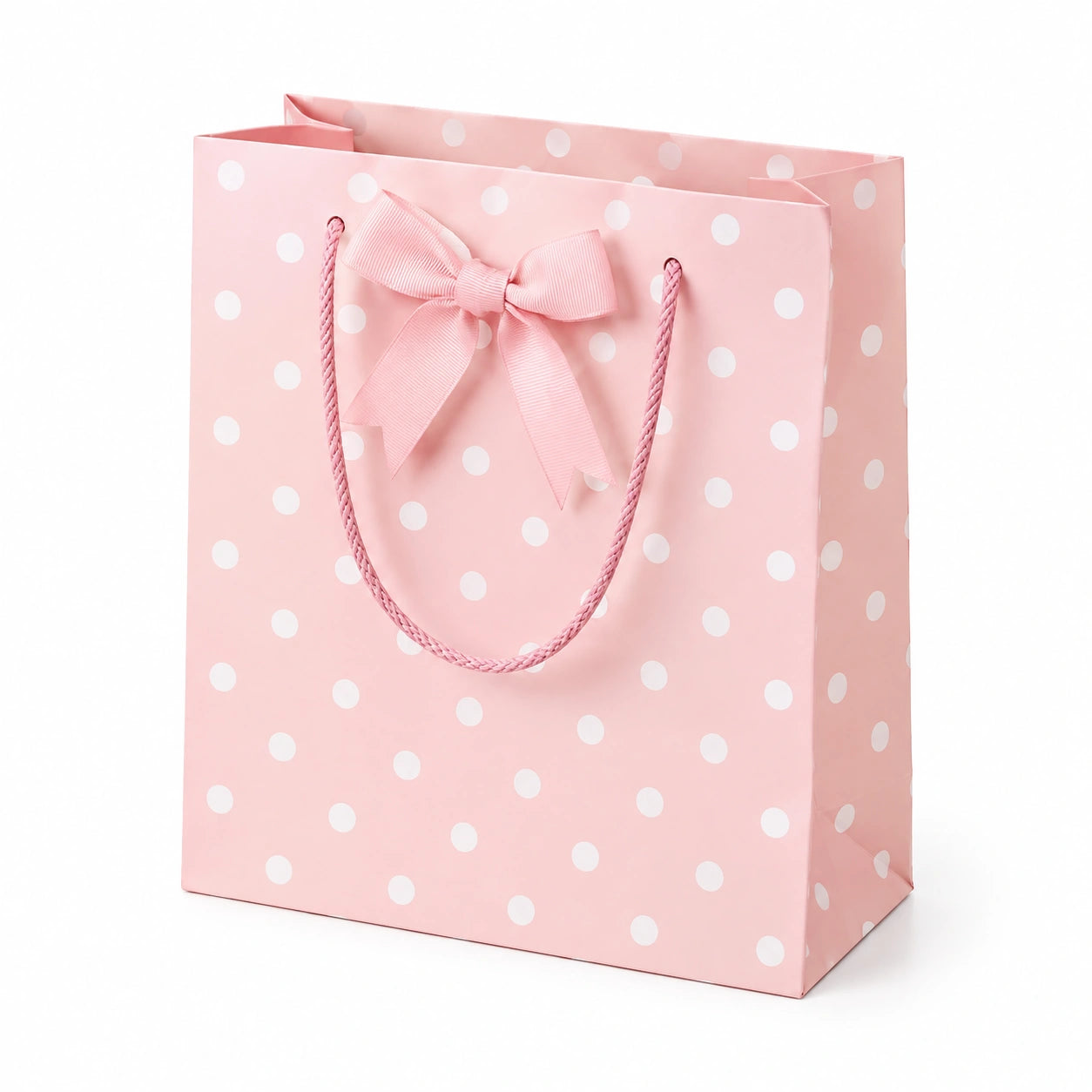 Borsa regalo 26 x 12 x 32 cm in carta rosa a pois con manici in corda e fiocco