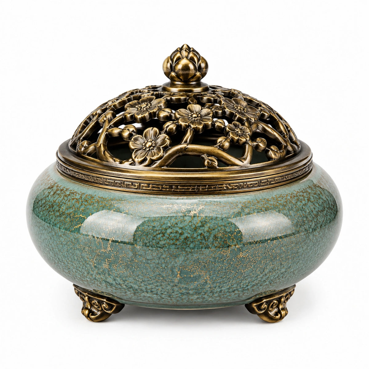 Bruciatore di incenso Ø 16 cm in ceramica verde e metallo dorato con coperchio traforato floreale