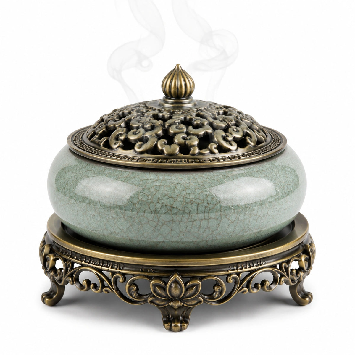 Bruciatore d'incenso Ø 18 cm in ceramica verde e metallo bronzo con coperchio traforato