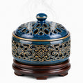 Bruciatore d'incenso in ceramica diametro 18 cm blu con base in legno traforato