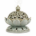 Bruciatore di incenso in ceramica Ø 20 cm verde salvia e oro con coperchio traforato stile loto