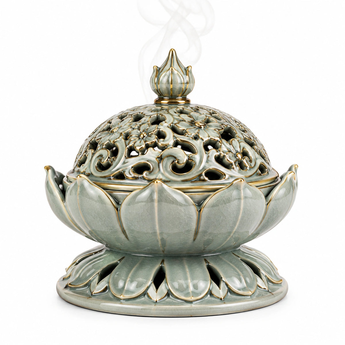 Bruciatore di incenso in ceramica Ø 20 cm verde salvia e oro con coperchio traforato stile loto