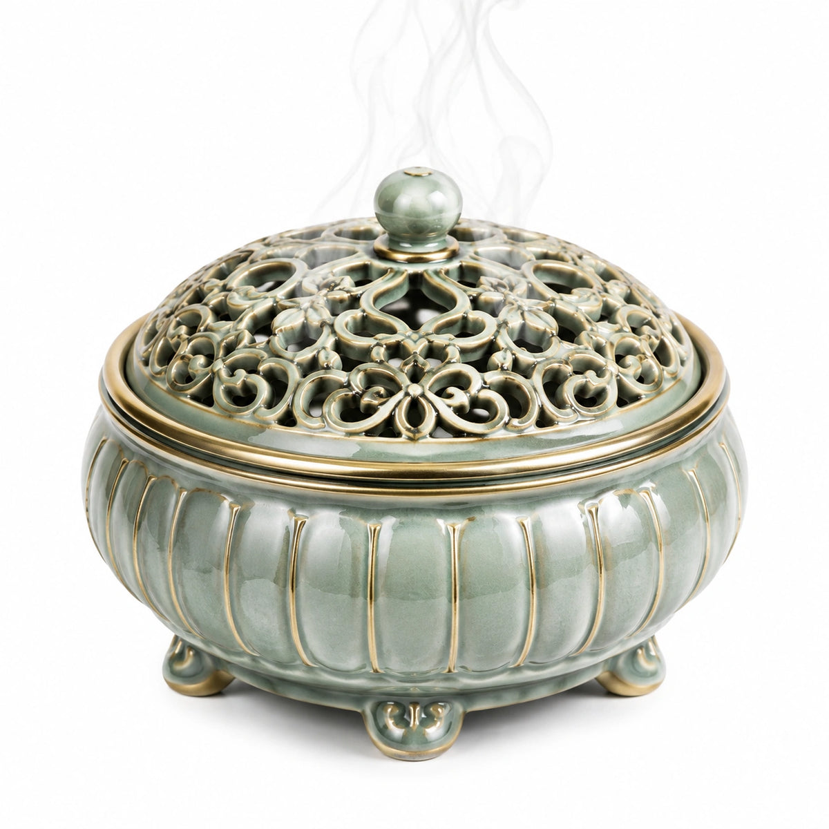 Bruciatore di incenso in ceramica diametro 16 cm verde salvia con coperchio traforato decorativo