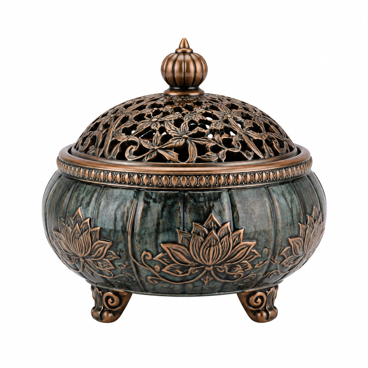 Bruciatore di incenso Ø 18 cm in metallo bronzo e verde con coperchio traforato stile classico