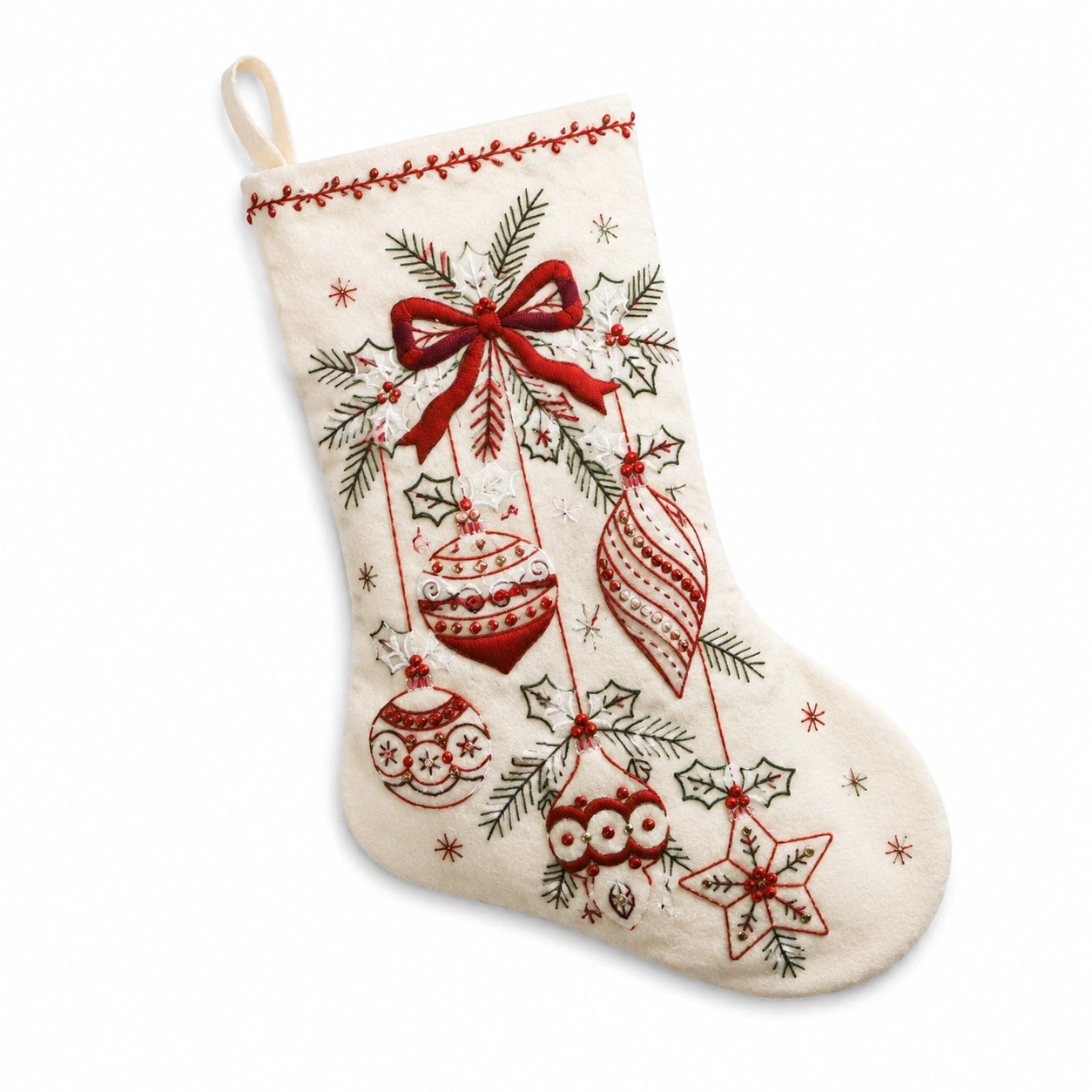 Calza decorativa natalizia 45 cm in feltro beige rosso da appendere ricamata