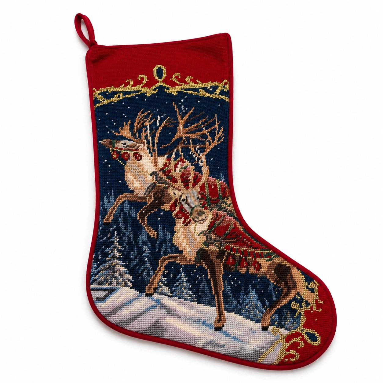 Calza decorativa natalizia 45 cm in tessuto rosso e blu con ricamo renne da appendere