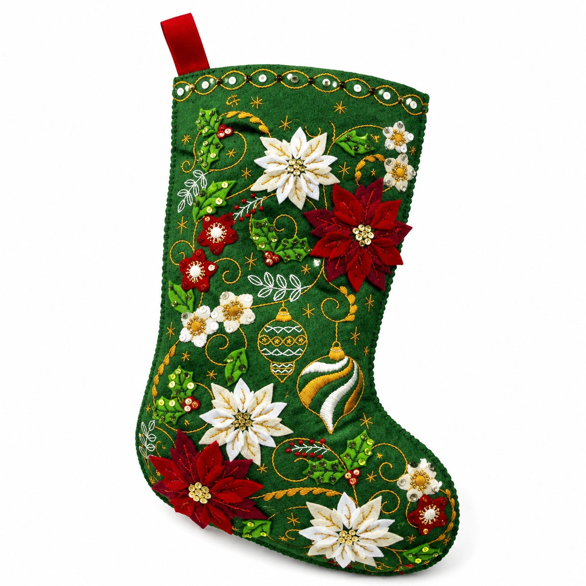 Calza natalizia in feltro verde ricamata con paillettes e fiori decorativi