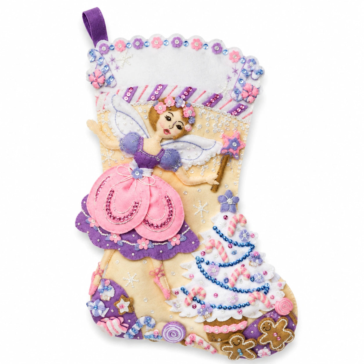 Calza natalizia decorativa 45 x 28 cm in feltro multicolore con fata appendibile