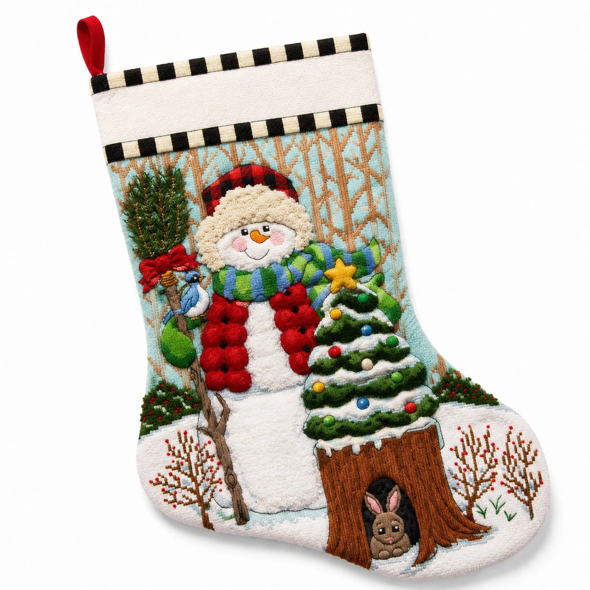 Calza natalizia 45 cm in tessuto multicolore con pupazzo di neve e passante da appendere