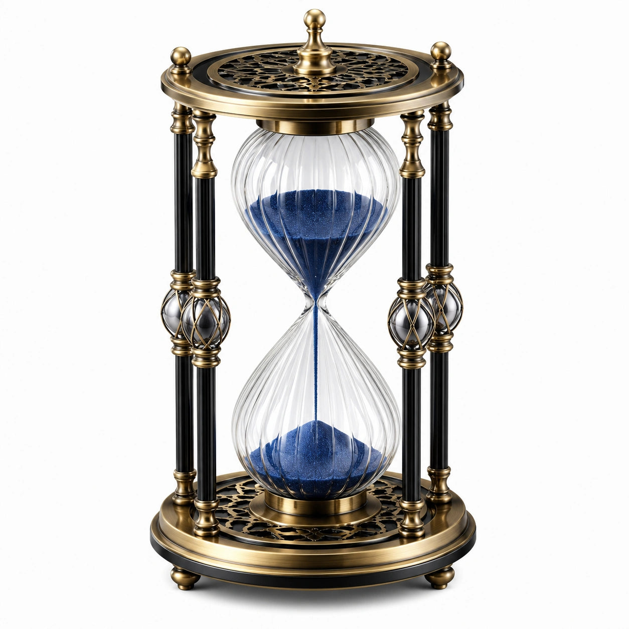 Clessidra decorativa 18 x 35 cm in vetro e metallo nero oro con sabbia blu