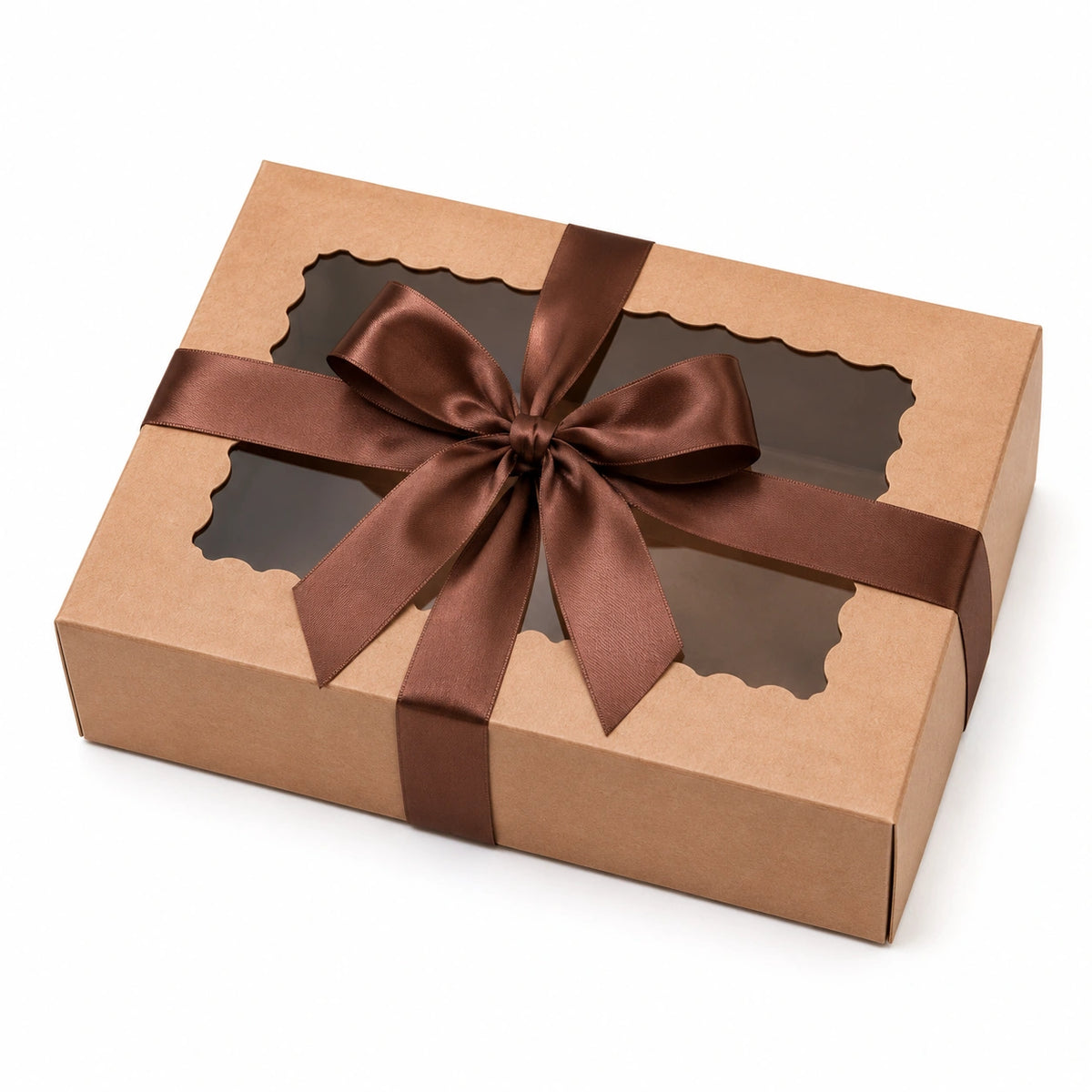 Scatola regalo 30 x 20 x 8 cm in cartone kraft marrone con finestra trasparente e nastro decorativo
