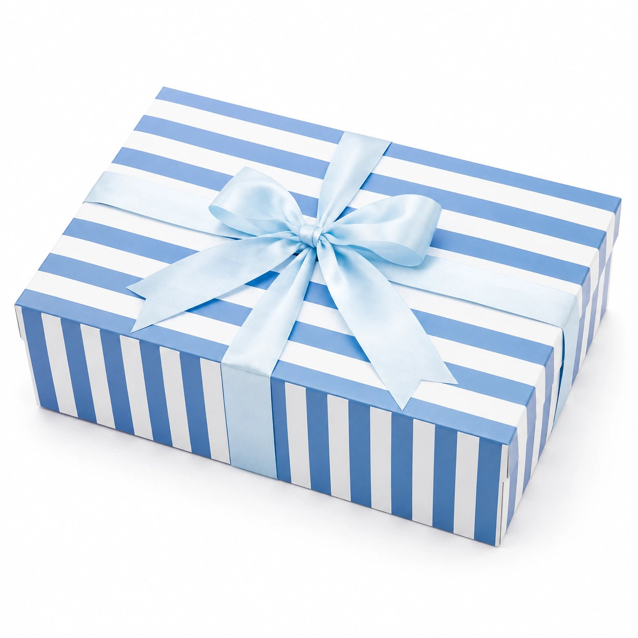Scatola regalo 25 x 18 x 8 cm in cartoncino blu e bianco a righe con nastro decorativo