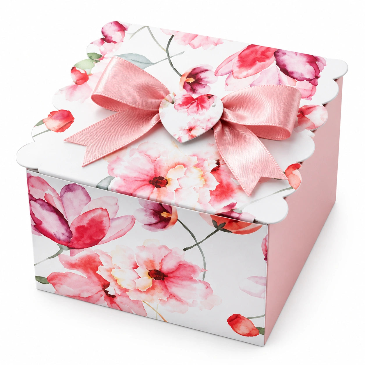 Scatola regalo quadrata 20 x 20 x 14 cm in cartone bianco e rosa con motivo floreale e nastro decorativo